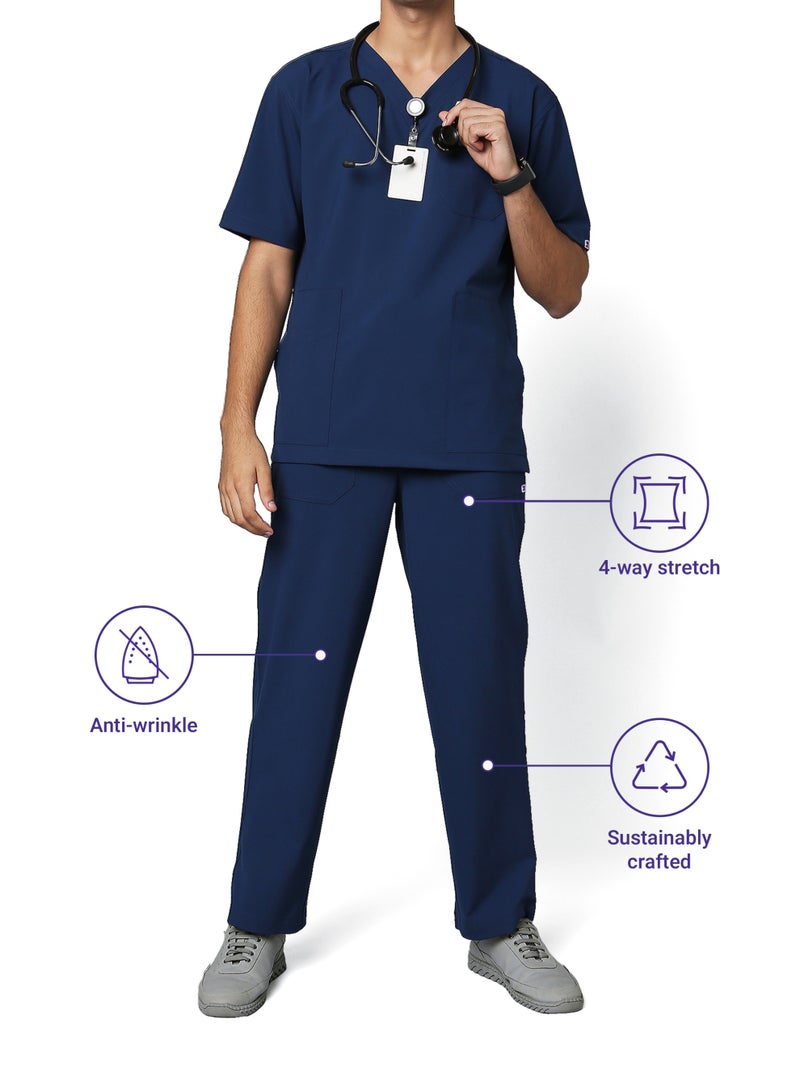 KNYA Ecoflex Men's 5 Pocket Active Scrub Suit | Athleisure wear | Modern V neck | For Doctors (L, NAVY BLUE) - Image 5